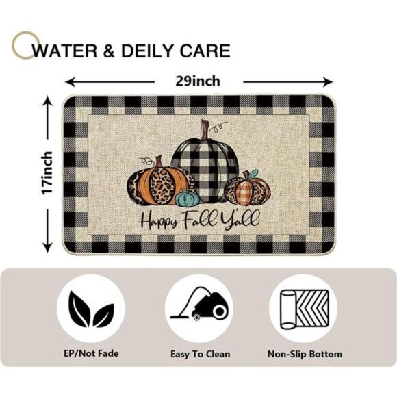 Happy Fall Y'all Doormat Buffalo Check Plaid Pumpkin Door Mats Autumn 17x29 inch - Picture 3 of 6